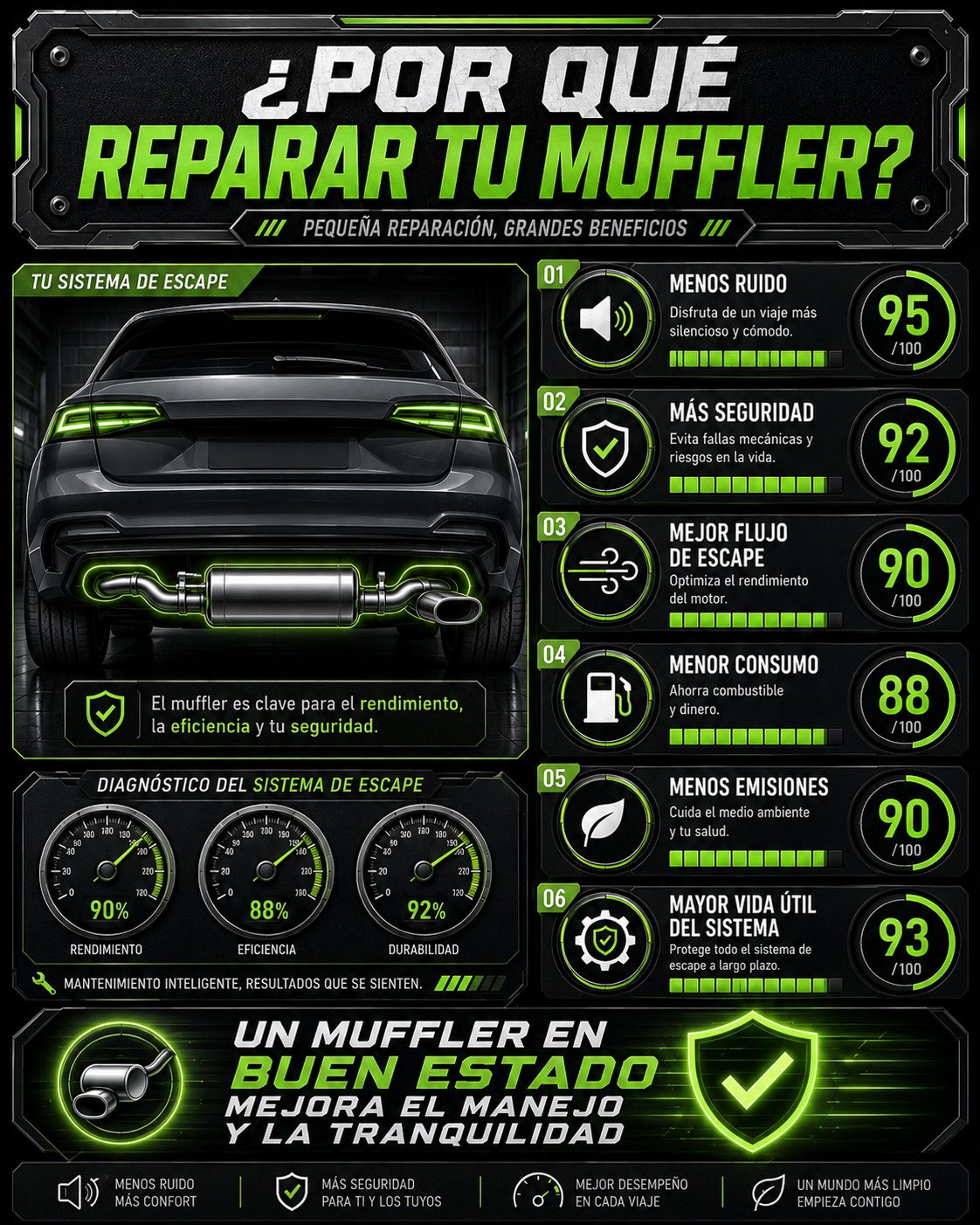 Infografía: por qué reparar tu muffler — menos ruido, más seguridad, mejor flujo de escape, menor consumo, menos emisiones y mayor vida útil del sistema
