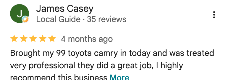 Reseña de Google de James Casey: 5 estrellas, dice que lo trataron muy profesional y recomienda el negocio.